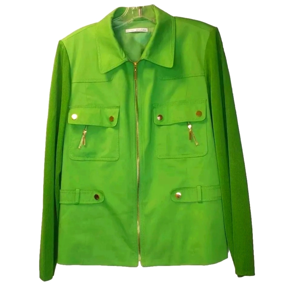 Peter Nygard Cargo Jacket Kelly Green Gold Zip Woman Large Preppy Academia